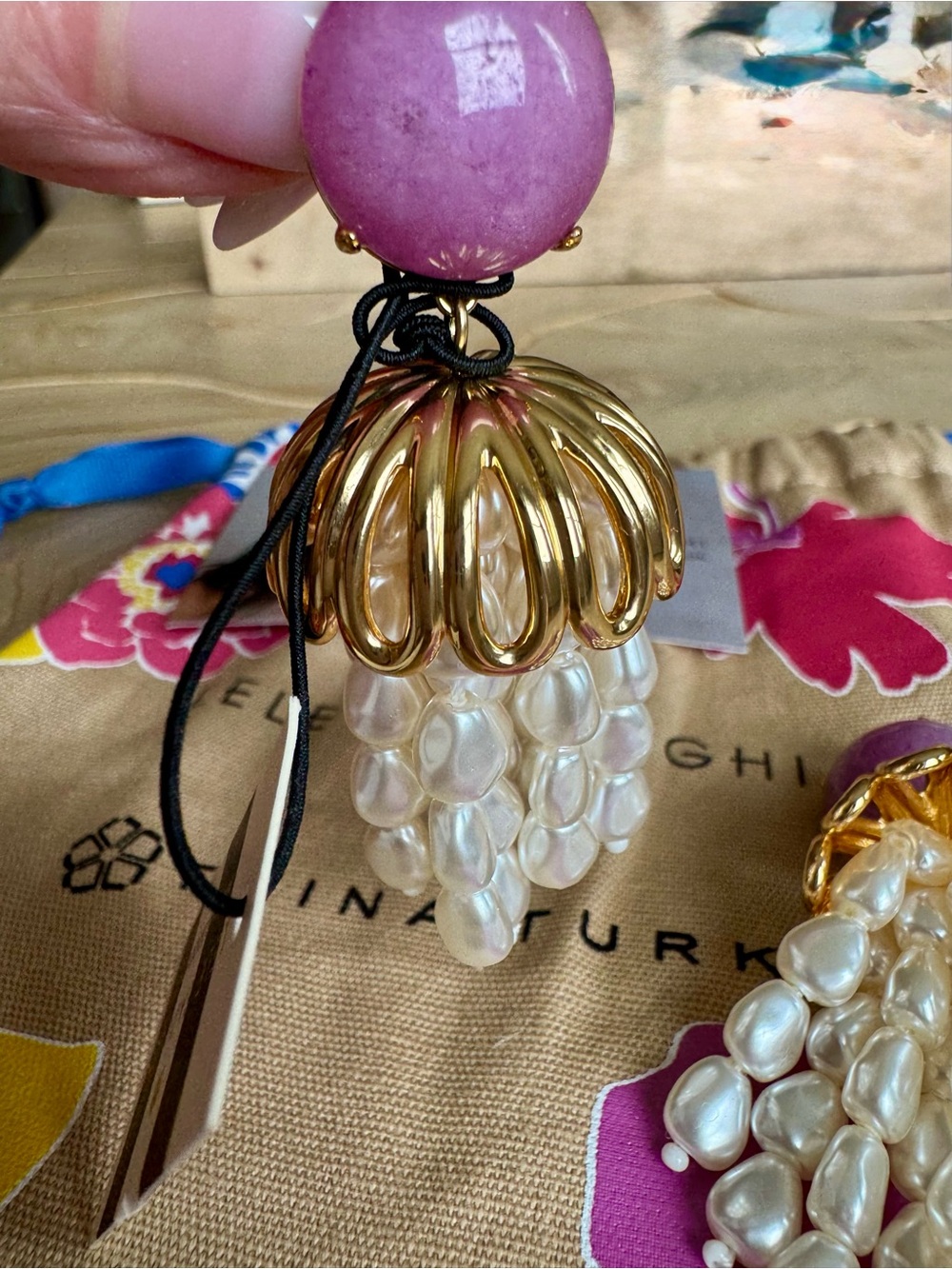 Lele Sadoughi Purple Gold Pearl Cluster Drop Earrings - Picture 2 of 5